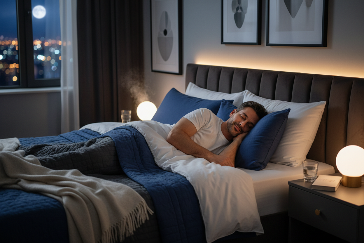 create image shows that we will help the man client get a peaceful, worry-free sleep.
